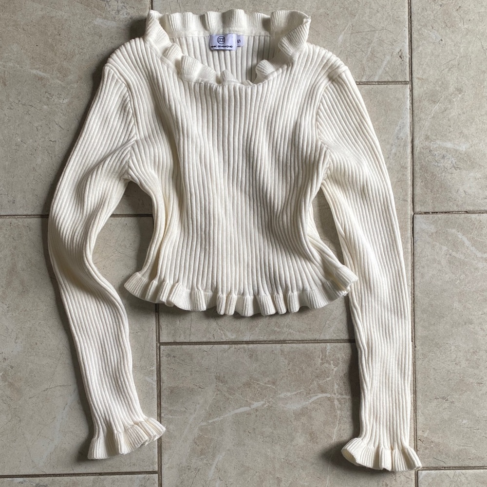 Pink Diamond Off White Ribbed Crop Sweater